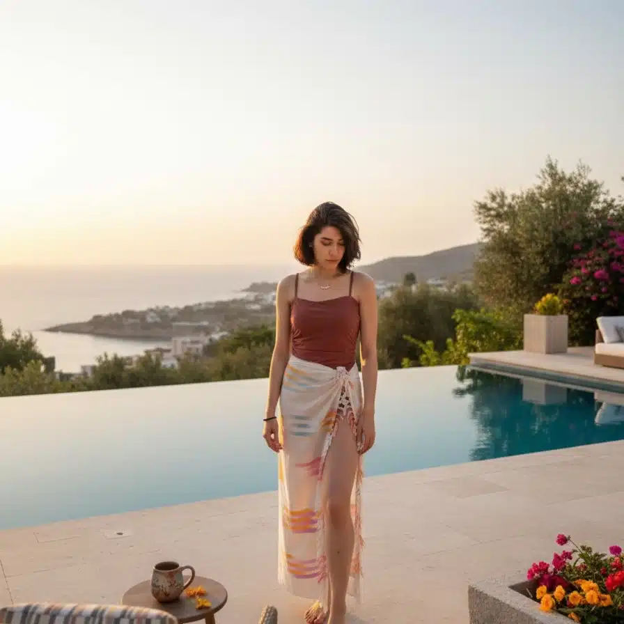 Hand-woven luxury travel textile by the pool